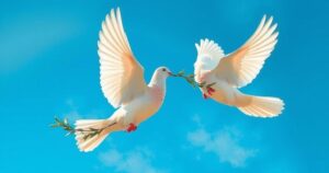 A symbolic representation of freedom and exchange featuring a pair of doves, olive branches, and a blue sky.