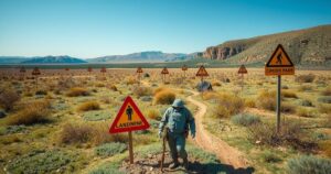 A landmine field in Angola with safety markers, flak jackets, and a clear blue sky, symbolizing awareness and safety.