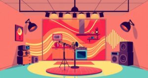 An abstract representation of a vibrant podcast concept with sound waves and a kitchen theme.
