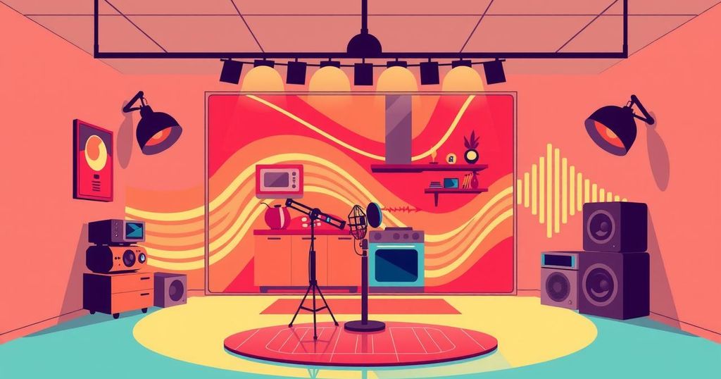 An abstract representation of a vibrant podcast concept with sound waves and a kitchen theme.