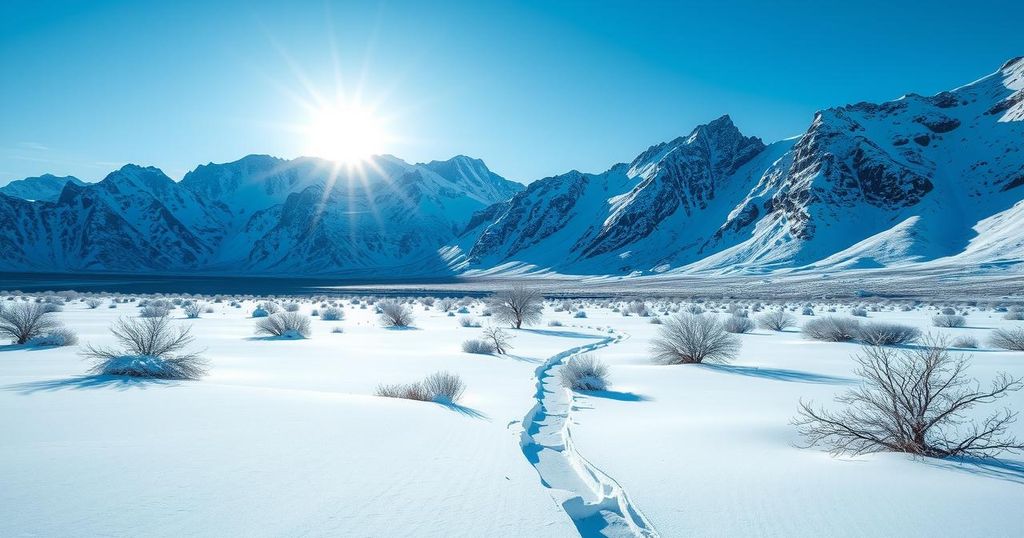 Snow-covered Atacama Desert and mountains under a blue sky during extreme cold wave in South America