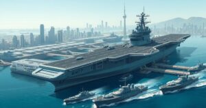 A modern aircraft carrier and naval fleet docked at a city harbor with a skyline in the background.