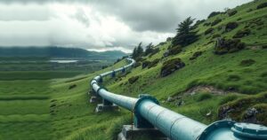 An oil pipeline stretching through a green landscape under a cloudy sky, symbolizing energy transportation in Colombia.