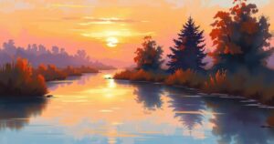 A serene landscape featuring a peaceful sunset over a tranquil river with soft hues of orange and purple.