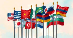 Colorful gathering of flags representing a call for peace, symbolizing unity and hope for democracy.