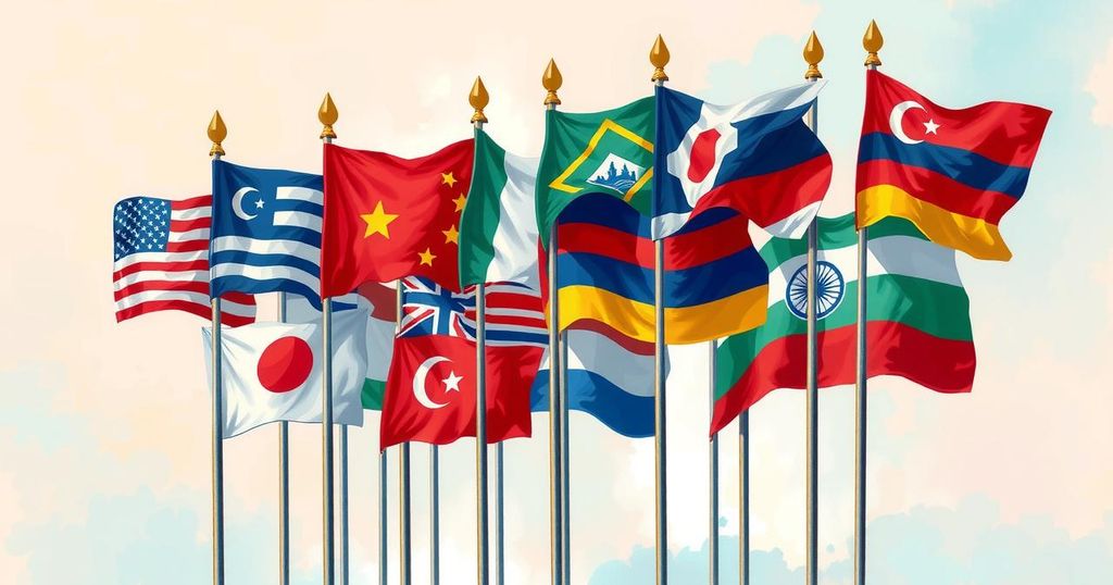 Colorful gathering of flags representing a call for peace, symbolizing unity and hope for democracy.