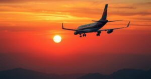 A plane flying over the outline of Eswatini, symbolizing deportation, set in a sunset color palette with warm hues.