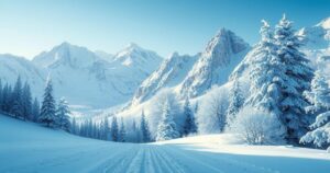 Frosty landscape with snow-covered mountains and icy trees under a blue sky