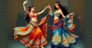 A vibrant illustration of belly dancing culture with colorful costumes and traditional Middle Eastern patterns.