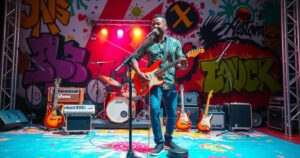 Ghanaian musician performing on stage, vibrant colors, urban art style, lively atmosphere, musical instruments around.