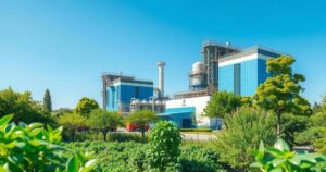A bright, green landscape featuring modern lithium processing plants against blue skies, symbolizing Nigeria's clean energy future.