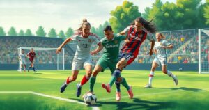 A dynamic soccer scene showcasing two teams competing with a ball, vibrant colors and energetic movement.