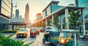 Electric vehicles and solar charging stations in a vibrant cityscape with modern architecture for sustainable transport.