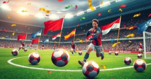 A vibrant soccer scene featuring colorful soccer balls and flags in team colors on a grassy field.