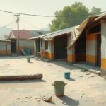 A tranquil outdoor scene depicting an empty informal settlement, with abandoned items and a peaceful landscape.