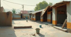 A tranquil outdoor scene depicting an empty informal settlement, with abandoned items and a peaceful landscape.