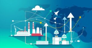 Abstract composition of global trade themes with symbolic representations of tariffs, growth, and international relations.