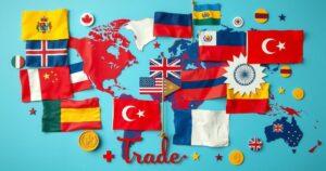 A vibrant collage of national flags with trade symbols, representing international agreements and diplomacy.