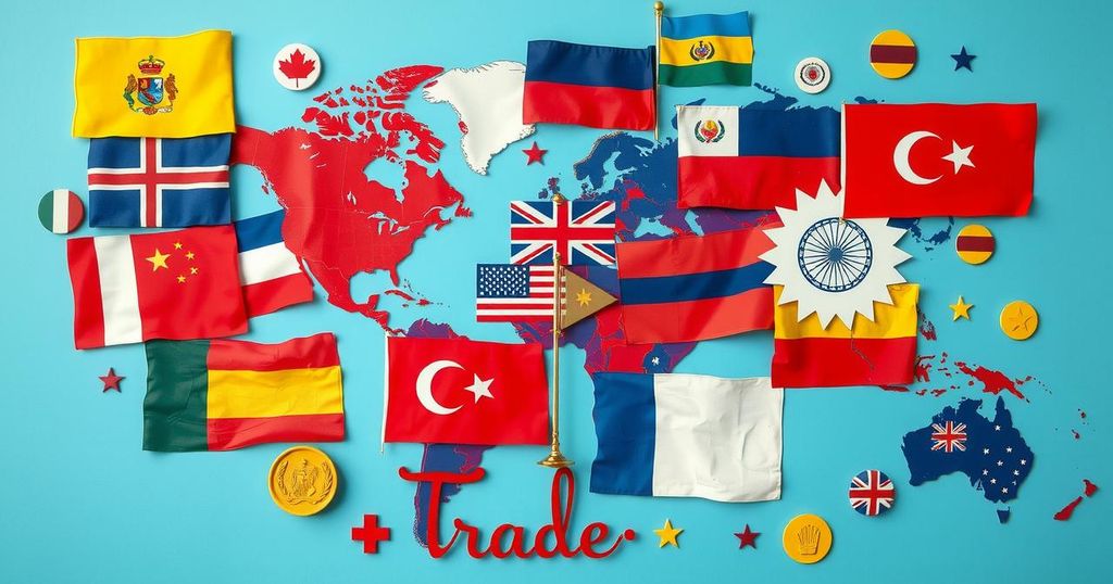 A vibrant collage of national flags with trade symbols, representing international agreements and diplomacy.