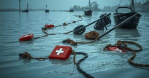 A stylized depiction of a flooded area with rescue equipment, drenched landscape, and expressed solidarity in muted colors.