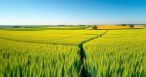 A vibrant Argentine landscape showcasing vast wheat and soybean fields under a clear blue sky during harvest season.