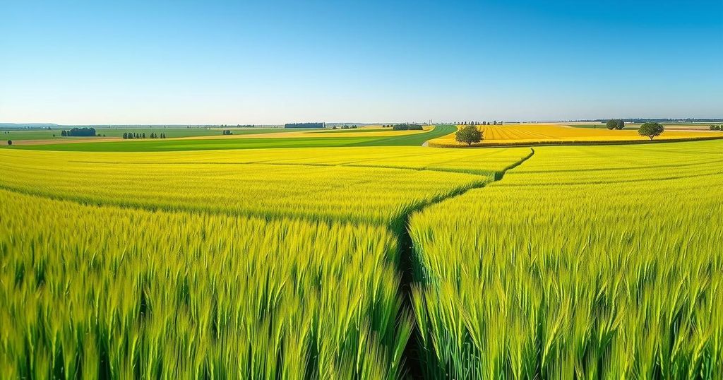 A vibrant Argentine landscape showcasing vast wheat and soybean fields under a clear blue sky during harvest season.