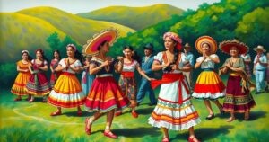 Vibrant festival scene celebrating Oaxaca's culture with traditional dancers, crafts, and festive colors amidst nature.