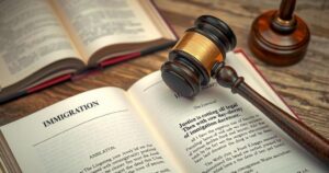 A gavel resting on a legal book, symbolizing judicial decisions and immigrant rights, in warm tones and classical style.
