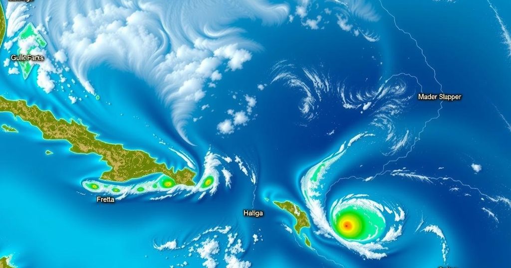 Satellite view of the Gulf with highlighted areas indicating potential tropical development, vibrant colors and clear skies.