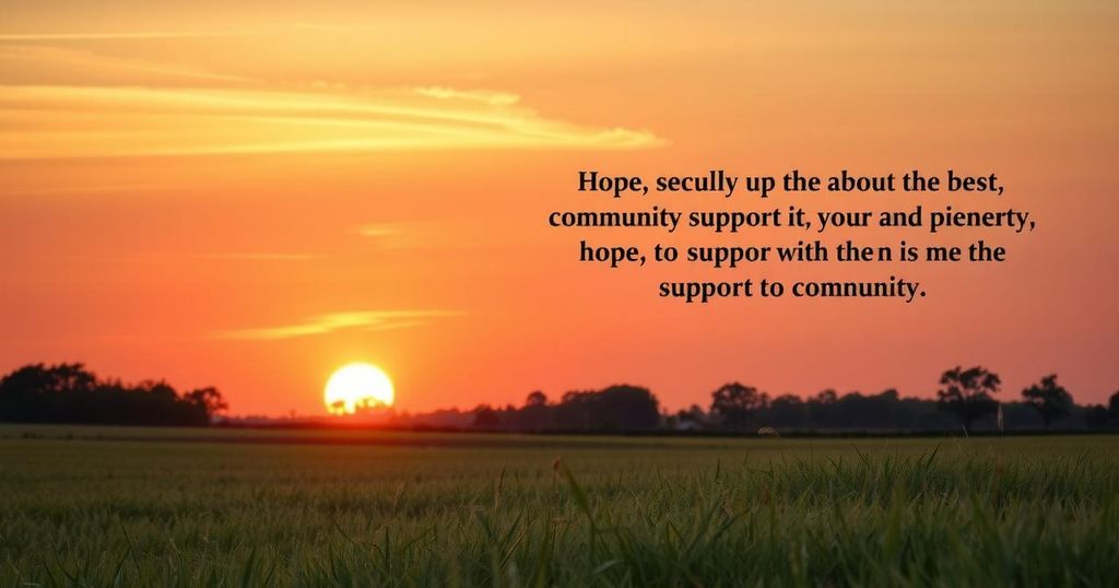 A serene landscape with a sunset, symbolizing hope and community support for a woman in need.