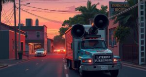 A truck with speakers announcing immigrant rights in a Puerto Rican neighborhood during a twilight backdrop.
