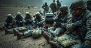 Kurdish fighters ceremonially lay down arms near a cauldron, symbolizing peace efforts in the Middle East.