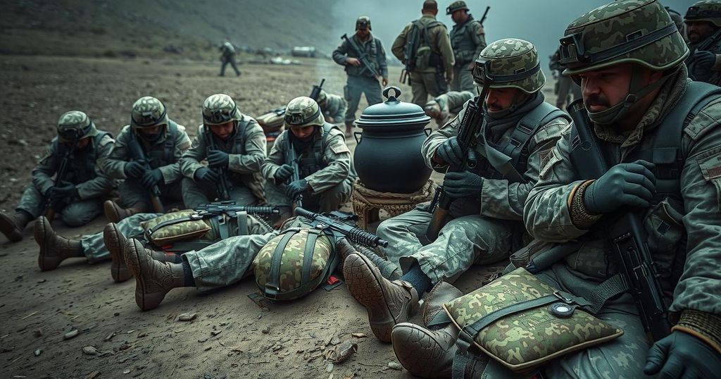 Kurdish fighters ceremonially lay down arms near a cauldron, symbolizing peace efforts in the Middle East.