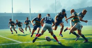 A dynamic rugby scene with players in action, showcasing teamwork on a vibrant field during a match.