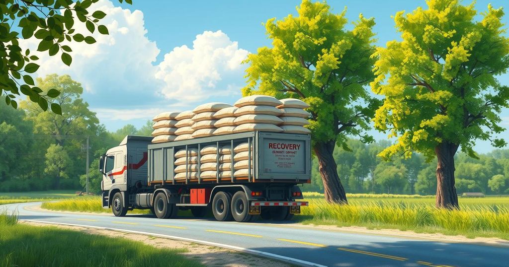 A truck loaded with bags of cement on a road surrounded by greenery, representing police recovery news.