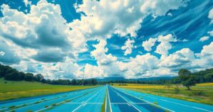 Vibrant landscape with a running track and dramatic clouds, representing athletic triumph in vivid colors.