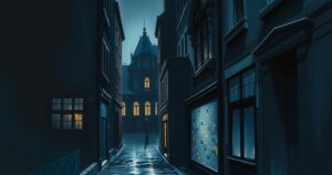 A dark alley in Antwerp, with shadowy buildings and an ominous atmosphere, depicting urban crime.