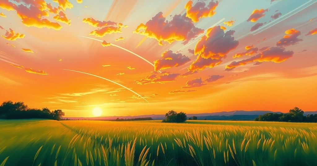 A peaceful community scene featuring a serene landscape with vibrant greenery and soft sunset colors.