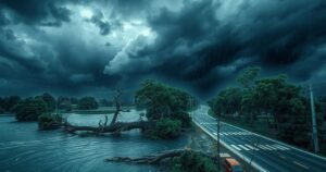 A stormy landscape showcasing heavy rain, flooded areas, falling trees, and disrupted infrastructure in Himachal Pradesh.