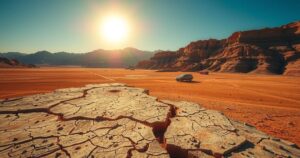 A vast landscape under a clear blue sky with a shimmering sun and dry land, representing extreme heat conditions.