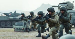 Military cooperation and modernization: North Korean troops with military equipment in a strategic setting.