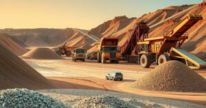 Gold mine landscape in Central African Republic, showcasing machinery and gravel with warm earthy tones.