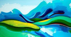 A serene landscape depicting political themes with abstract elements, using vibrant color schemes and expressive brush strokes.