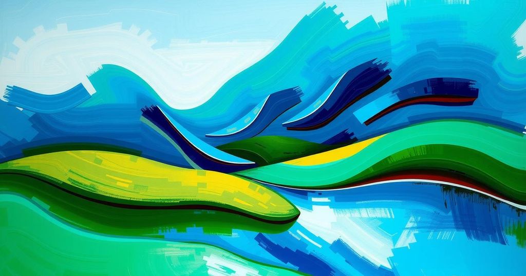 A serene landscape depicting political themes with abstract elements, using vibrant color schemes and expressive brush strokes.