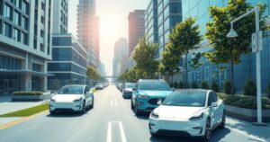 Dynamic electric vehicles showcased in a modern urban landscape, highlighting China's automotive innovation.
