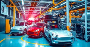 Electric vehicle assembly plant with electric cars and modern technology in a vibrant setting.
