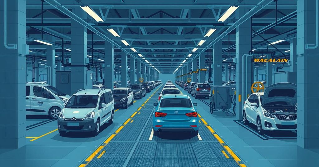 Illustration of a car factory in South Africa during a challenging economic period, with muted colors and industrial elements.