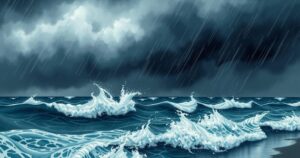 A stormy coastal scene with dark clouds and heavy rain over turbulent waters, showcasing nature's raw power.