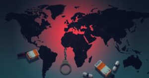 Illustration of global law enforcement collaboration in dark shades, highlighting interconnected countries and a drug bust operation.