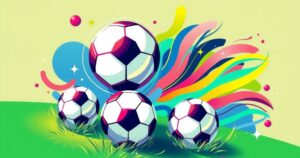 Colorful illustration of soccer themes, featuring soccer balls, field, and vibrant scenery in a dynamic design.